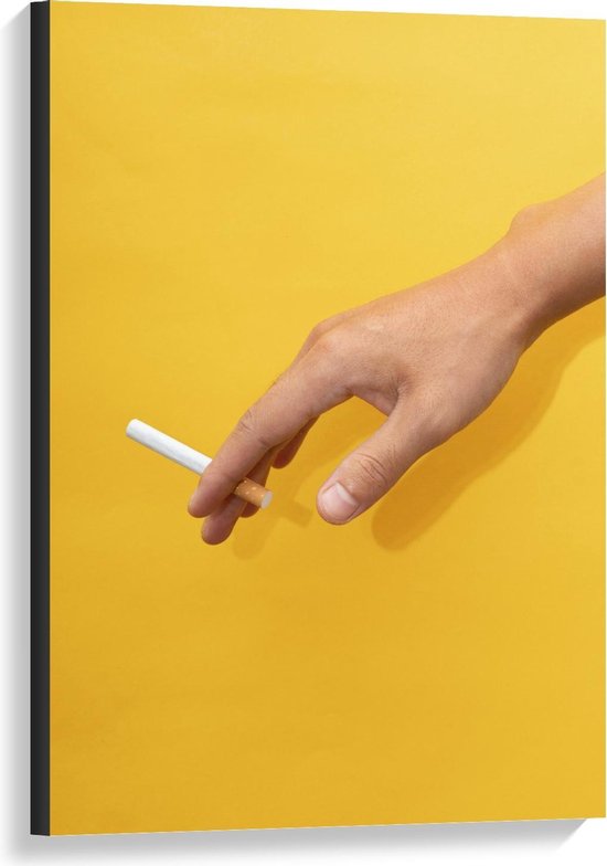 Canvas - Sigaret in Hand op Gele Achtergrond - Foto op Canvas Schilderij (Wanddecoratie op Canvas)