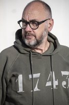 Hoodie 1743 - L - dark olive, groen, bio-katoen, sweater met capuchon, vintage print