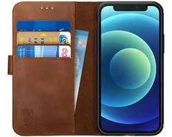 Rosso Deluxe Echt Leer Book Case Hoesje Geschikt voor Apple iPhone 12 Mini | Ruimte voor drie pasjes | Portemonnee Book Case | Met Pasjeshouder | Bruin