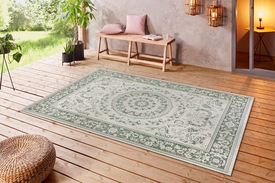 Binnen & buiten vloerkleed vintage Sevilla - crème/groen 80x150 cm