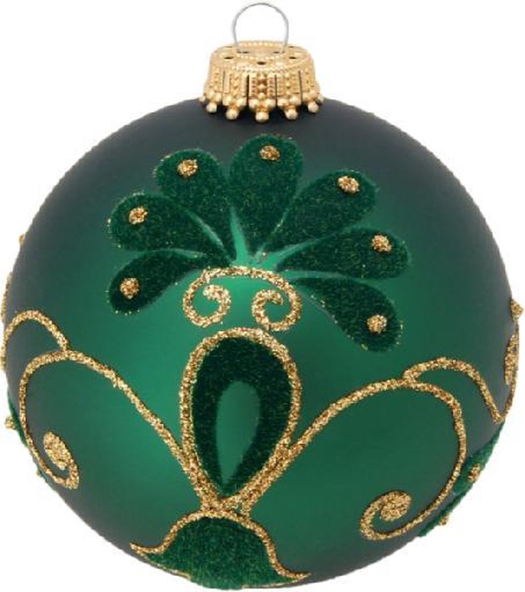 Stijlvolle Groene Kerstballen met Fluweel en Glitters - set van 3 stuks - met de hand gedecoreerd