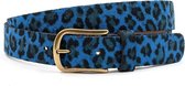 Dames riem met blauwe leopard print 3 cm breed - Zwart / Blauw - Casual - Echt Leer - Taille: 95cm - Totale lengte riem: 110cm