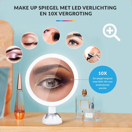 YONO Make Up Spiegel met Verlichting – 10x Vergroting – Scheerspiegel met LED en Zuignap – Wit - YONO