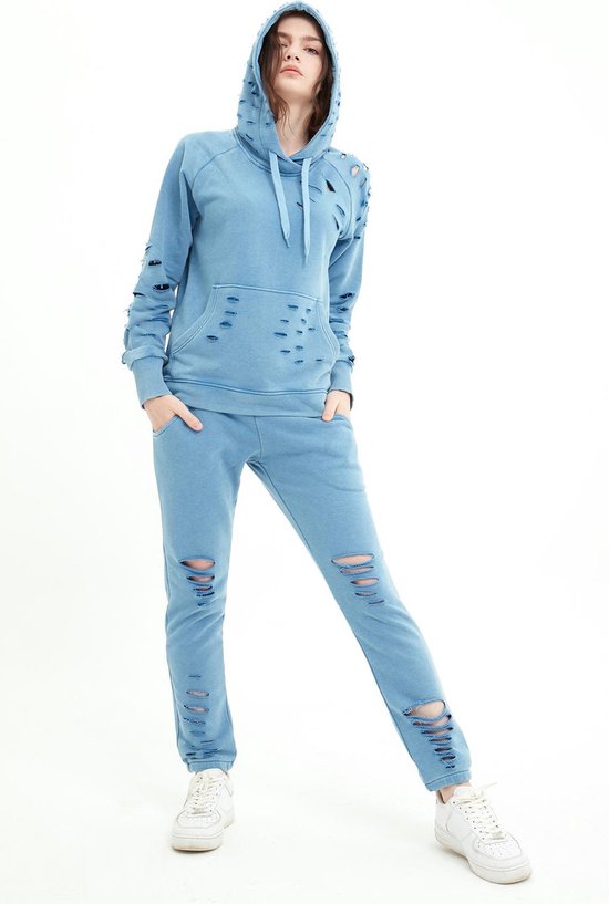 SCR. Nirora - Dames Hoodie - Trui met gescheurde details - Blauw - Maat XS