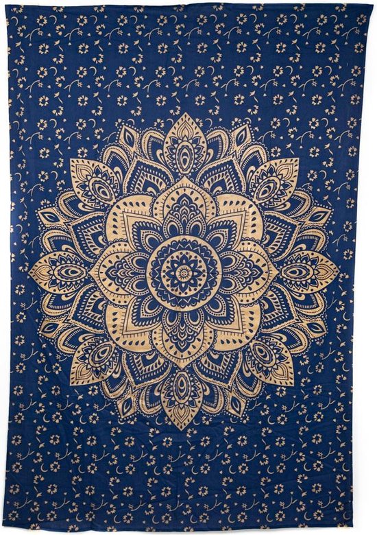 Authentiek Mandala Wandkleed Katoen Blauw/ Goudkleurig (215 x 135 cm)