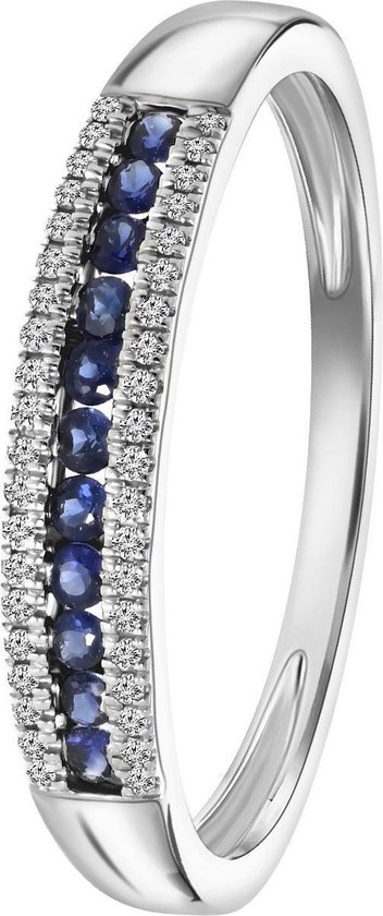 Diamond Luxury - 14 Karaat witgouden ring saffier en diamant 0,06ct