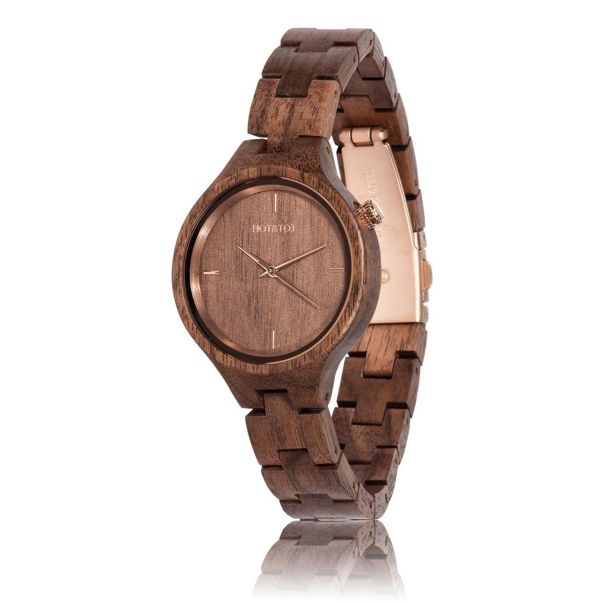 HOT&TOT | Walda - Houten horloge voor dames - Walnoot hout - 32mm - Roségoud