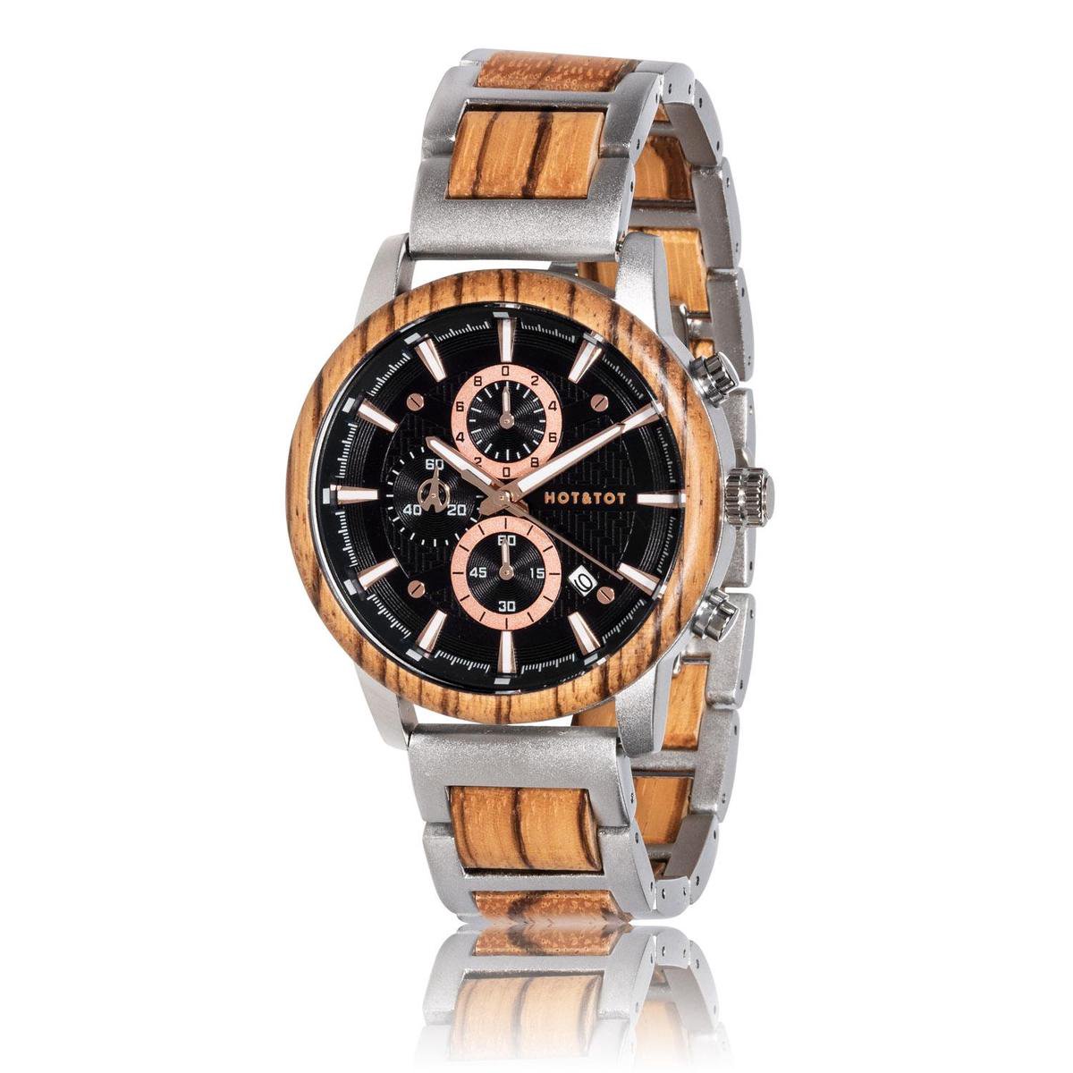 HOTTOT | Emperor - Houten horloge voor heren - Zebrano hout - Chronograaf - 44mm - Roségoud - Zilver