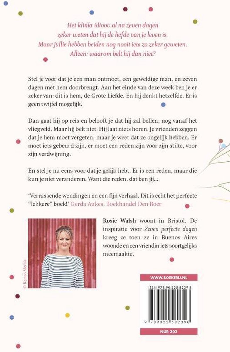 Achterkant van het boek Zevn perfecte dagen met een foto van de auteur Rosie Walsh.
