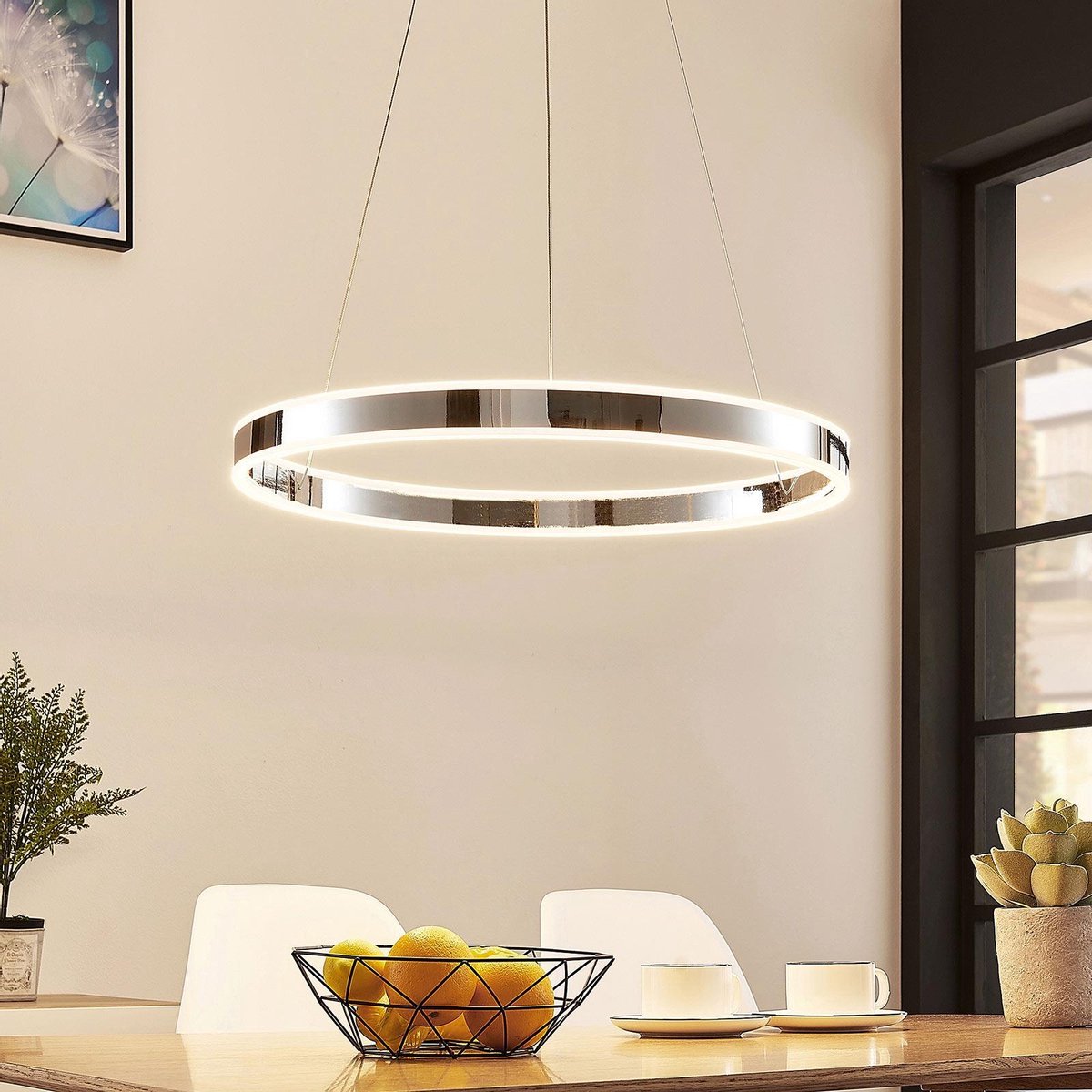 Lucande - Hanglampen- met dimmer - 1licht - metaal, acryl - chroom, wit gesatineerd - Inclusief lichtbron