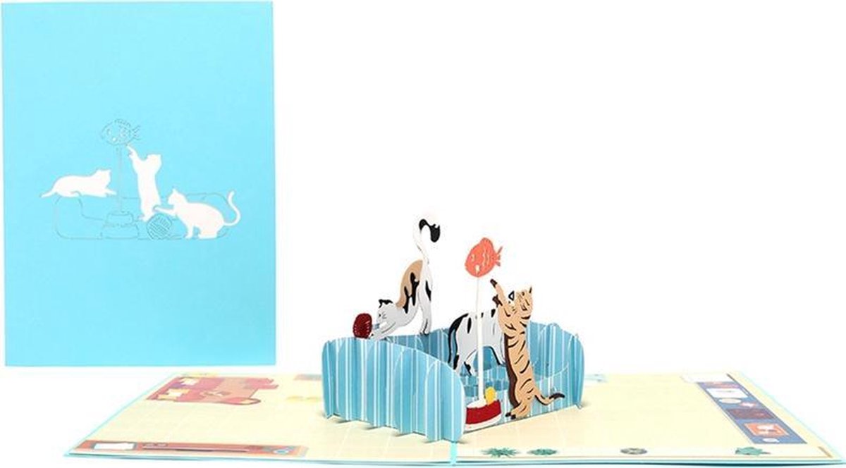 Pop up blauwe poes kaart dierendag felicitatie pop-up wenskaart