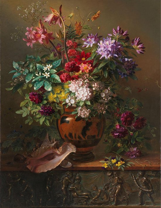 Canvas Schilderij Stilleven met bloemen in een Griekse vaas - Georgius Jacobus Johannes van Os - 70x100 cm