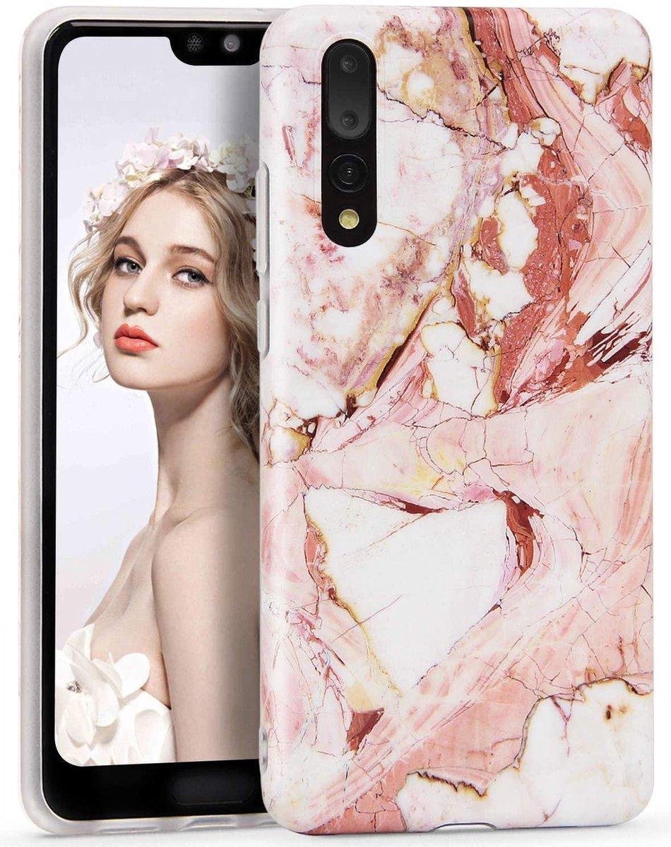 Huawei P30 hoesje - Roze / Wit - Marmer - Soft TPU