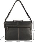 Sac messager noir en cuir de buffle, 39 cm de large et 24 cm de haut, avec fermeture éclair et poignée.