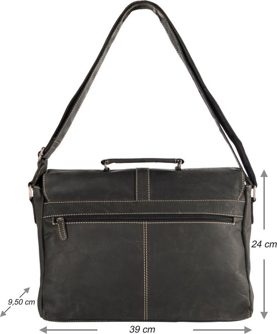 Sac messager noir en cuir de buffle, 39 cm de large et 24 cm de haut, avec fermeture éclair et poignée.