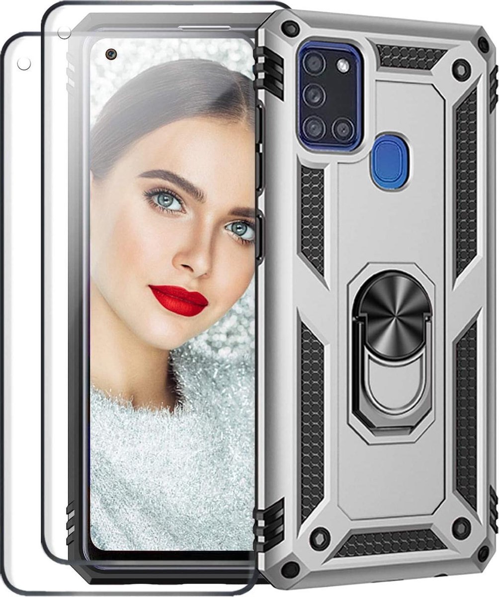 Telefoonhoesje Geschikt voor: Samsung Galaxy M21 hoesje Schokbestendige ring armor met 2X volledige schermdekking Screenprotector zilver