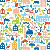 Inpakpapier Wit Multicolour stad-dieren 50cm x 200mtr