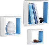 Relaxdays wandplank vierkant set van 3 - boekenplank - wandboard - MDF - zwevend - hout - wit-blauw