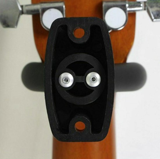 Details van de zwarte wandbeugel voor gitaren, met schroeven.