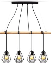 B.K.Licht - Landelijke Hanglamp - metalen - eetkamer - zwart - hout - industriële hanglampen - voor binnen - met 4 lichtpunten - pendellamp - in hoogte verstelbaar - E27 fitting -