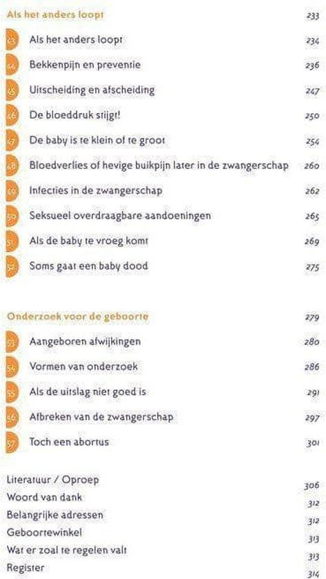 Inhoudsopgave van het boek 'Veilig zwanger', secties 'Als het anders loopt' en 'Onderzoek voor de geboorte'.