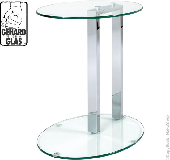 Bijzettafel gehard 8mm veiligheids glas | ruim 7kg Ovaal glazen bijzet tafel | Strak stoer ovale designer tafel op krasvrije voetjes |45x35x50cm