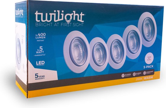 Spots LED encastrés Twilight NEO pack de 5 ( Wit), orientables, y compris 3x lampe LED GU10 5W - 2700K (blanc chaud), garantie 5 ans, 25000 heures de fonctionnement