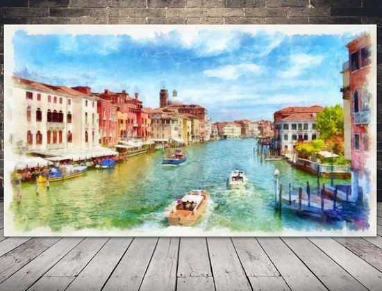 Bedrukt geverfd uitzicht op het water, boten en huizen Canvas 90 x 50 cm