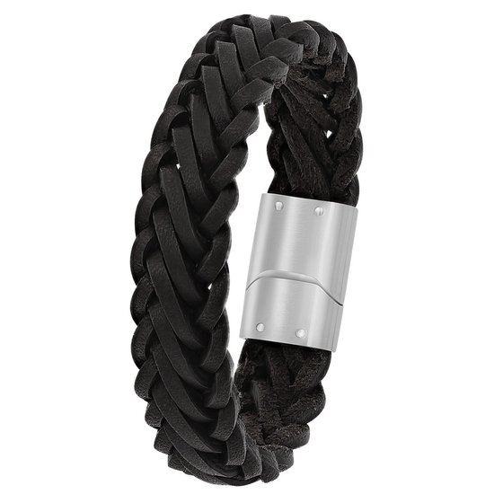 Lucardi - Bracelet en acier pour garçon avec cuir noir