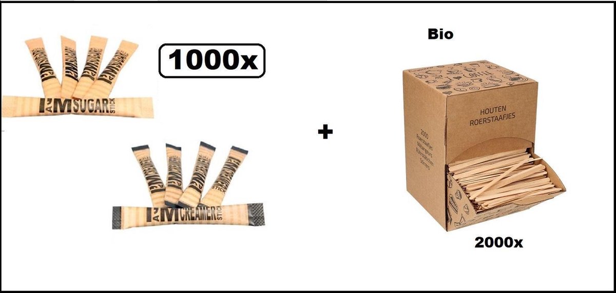 1000x Koffie Melksticks en Suikersticks I am met 2000x bio roerstaafjes - suiker sticks melk sticks koffiemelk koffie festival