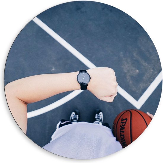 Dibond Wandcirkel - Horloge met Basketbal - 80x80cm Foto op Aluminium Wandcirkel (met ophangsysteem)