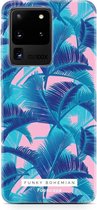 Fooncase Hoesje Geschikt voor Samsung Galaxy S20 Ultra - Shockproof Case - Back Cover / Soft Case - Funky Bohemian / Blauw Roze Bladeren