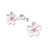 Joy|S - Zilveren elegante bloem oorbellen met roze zirkonia