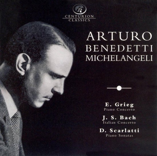 Zwart-witportret van Arturo Benedetti Michelangeli met tekst "Centurion Classics" en "Arturo Benedetti Michelangeli".