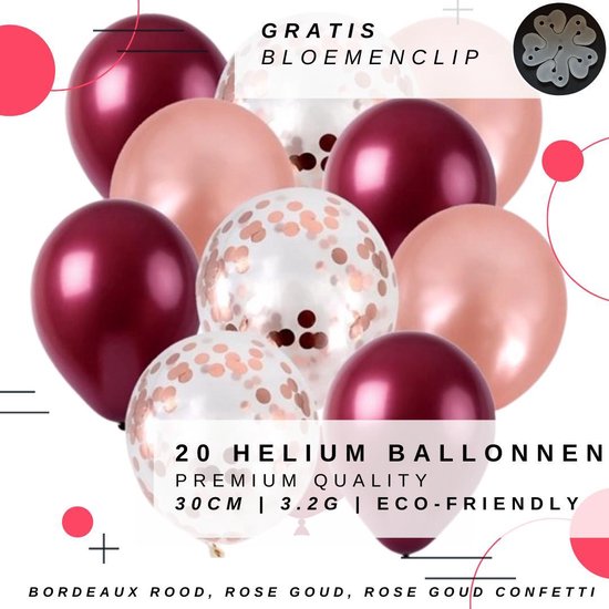 Bloemenmix set/bordeaux rood/20 helium ballonnen/eco-friendly/Groot:30cm/3 bloemenclips/ Verjaardag, bruiloft, babyshower, versiering