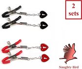 Naughty Bird Erotische Metalen Tepelklemmen - 2 Sets: Zwarte en Rode hartjes -  Sex Toys - Kinky BDSM Spel - Fetish - Seksspeeltjes voor Mannen en Vrouwen