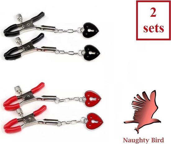 Naughty Bird Erotische Metalen Tepelklemmen 2 Sets Zwarte En Rode