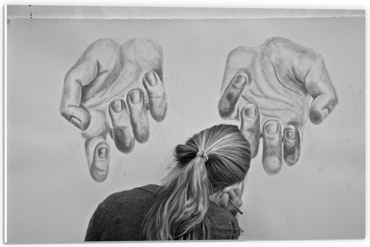 Forex - Getekende Handen met Meisje (zwart/wit) - 60x40cm Foto op Forex op Prijzenvolger.com