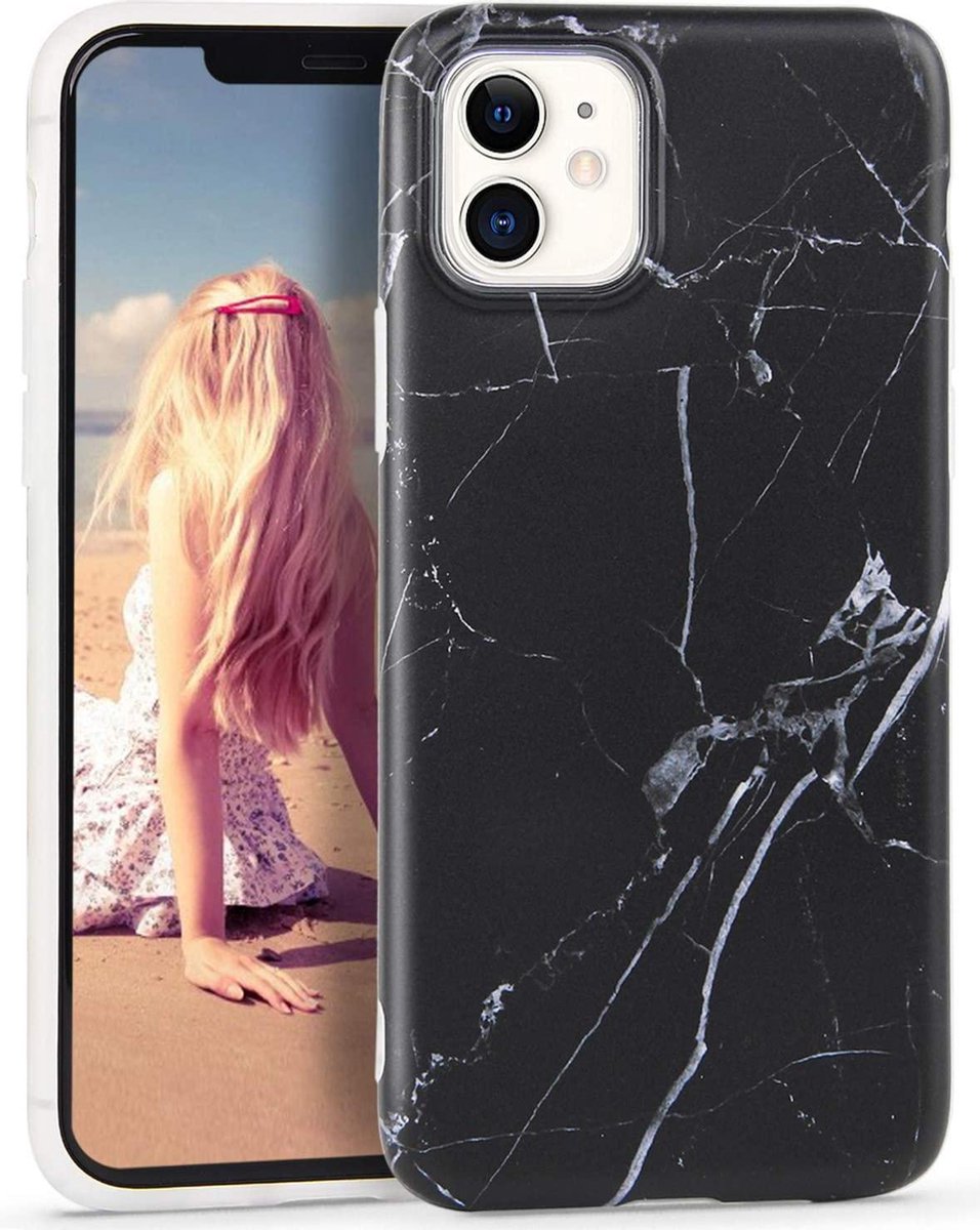Geschikt voor Apple iPhone 12 hoesje - Zwart - Marmer - Soft TPU
