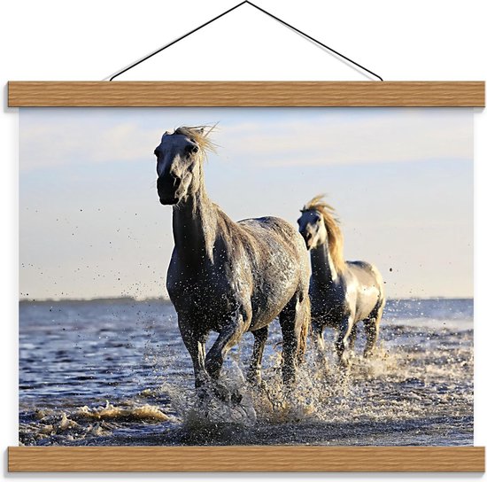 Schoolplaat – Galopperende Paarden in het Water - 40x30cm Foto op Textielposter (Wanddecoratie op Schoolplaat)