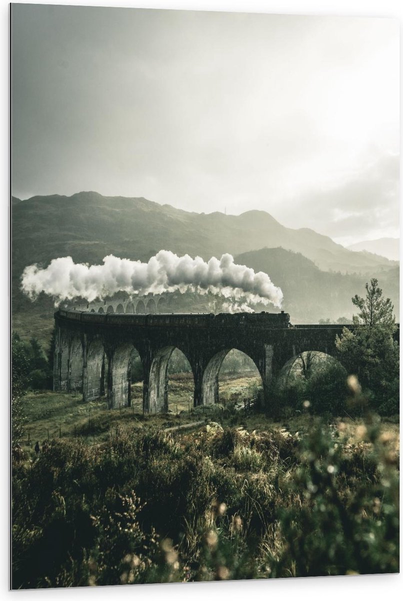 Dibond - Stoomtrein op Brug in de Bergen uit Harry Potter - 80x120cm Foto op Aluminium (Wanddecoratie van metaal)