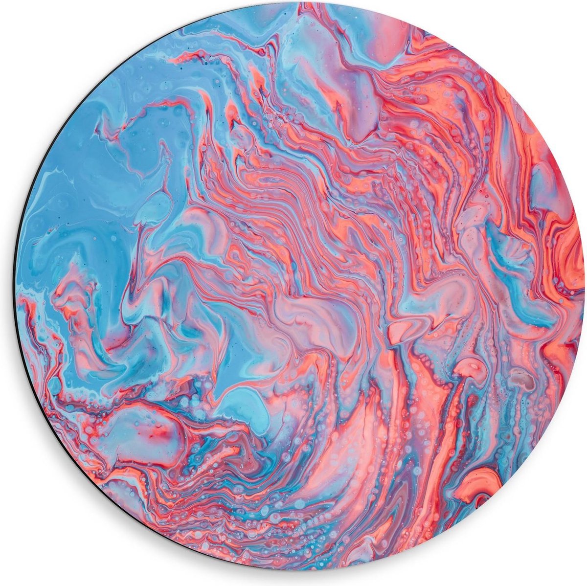 Dibond Wandcirkel - Blauw met Roze Verf Gemengd - 50x50cm Foto op Aluminium Wandcirkel (met ophangsysteem)