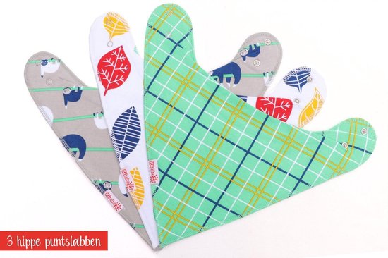 Bandana slabbetjes baby KliederZ - Stoere kwijlslabben Jongens - 3 stuks Puntslabbers Luiaard Schotse ruit groene print - BB06a van KliederZ — afbeelding 3