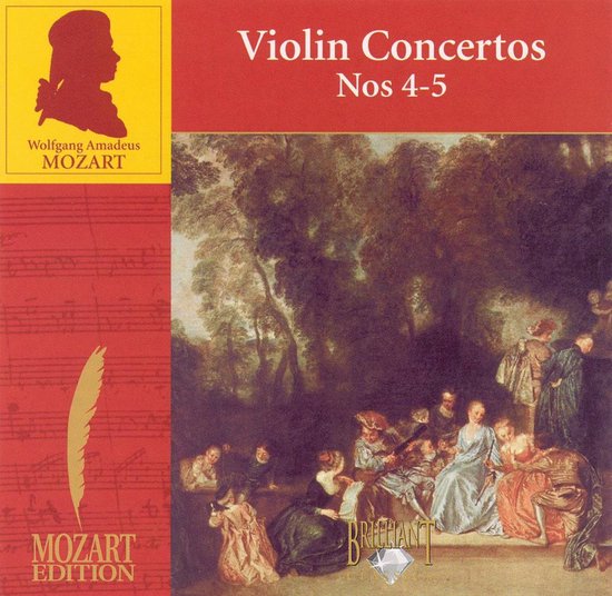 Cd-hoes met rood en geel design. Mozart: Vioolconcerten Nos. 4-5. Afbeelding van een schilderij van een groep mensen in klederdracht.