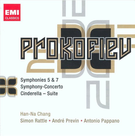 Cd-hoesje van Sergei Prokofiev met Symphonies 5 & 7, Symphony-Concerto en Cinderella Suite, EMI Classics logo.