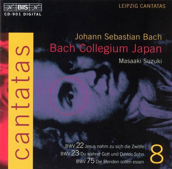 CD hoes met Bach Collegium Japan, Masaaki Suzuki en de titel 'cantatas'. Achtergrond met portret. BWV 22, 23, 75.