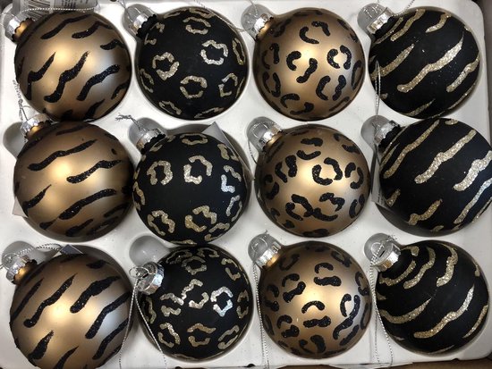 walvis Alternatief Reizen Kerstbal 70mm Glas Animal - set van 12 stuks - panter - zwart goud | bol.com