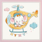 Kinderposter - Olifant in Helikopter - 20x20 cm - Met Roze 3D Houten Kader