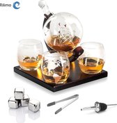 Rilimo®  - Whiskey Set – Whiskey Karaf - Decanteerkaraf - Wereldbol - Luxe Whiskey Karaf Set – Cadeau Voor Man - 0,8 L - Incl. 4 RVS Whisky Stones & Schenktuit