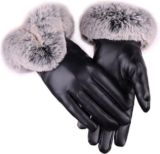 Luxe Winter Handschoenen Met Touch Tip Gloves - Touchscreen Gloves - Voor Fiets/Scooter/Sporten/Wandelen - One-Size - Winddicht Met Heerlijk Warme Fleece Voering - Winterhandschoenen - PU Leder - Voor Dames - Zwart